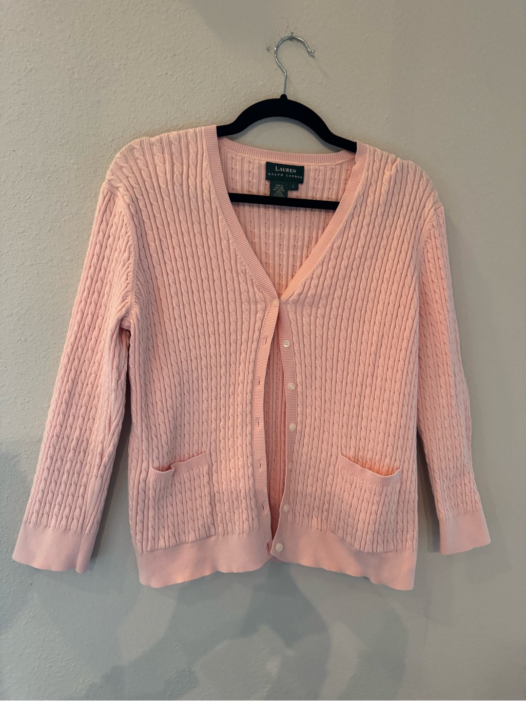 Lauren Ralph Lauren Pink Cable-Knit V-Neck Cardigan Sweater Large